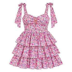 MABLE Floral Tiered Mini Dress Size L Pink Tie Strap Ruffle